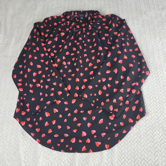 Ann Taylor Blouse Women Medium Black Pink Heart Print Long Sleeve Casual Top - Picture 3 of 8